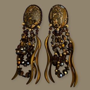 Vtg CHIPITA 1980s Southwestern Jasper and Glass Beaded Clip-on  Earrings
